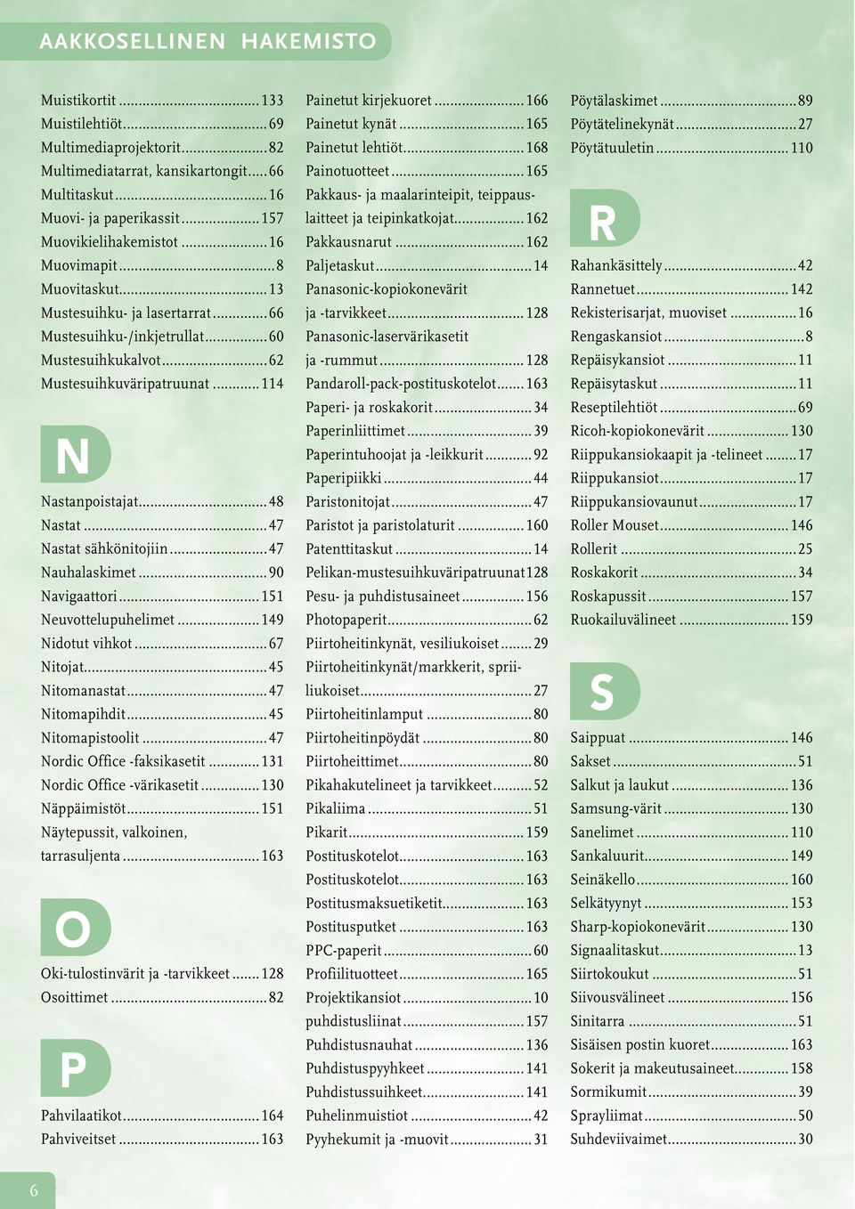 ..90 Navigaattori...151 Neuvottelupuhelimet...149 Nidotut vihkot...67 Nitojat...45 Nitomanastat...47 Nitomapihdit...45 Nitomapistoolit...47 Nordic Office -faksikasetit...131 Nordic Office -värikasetit.