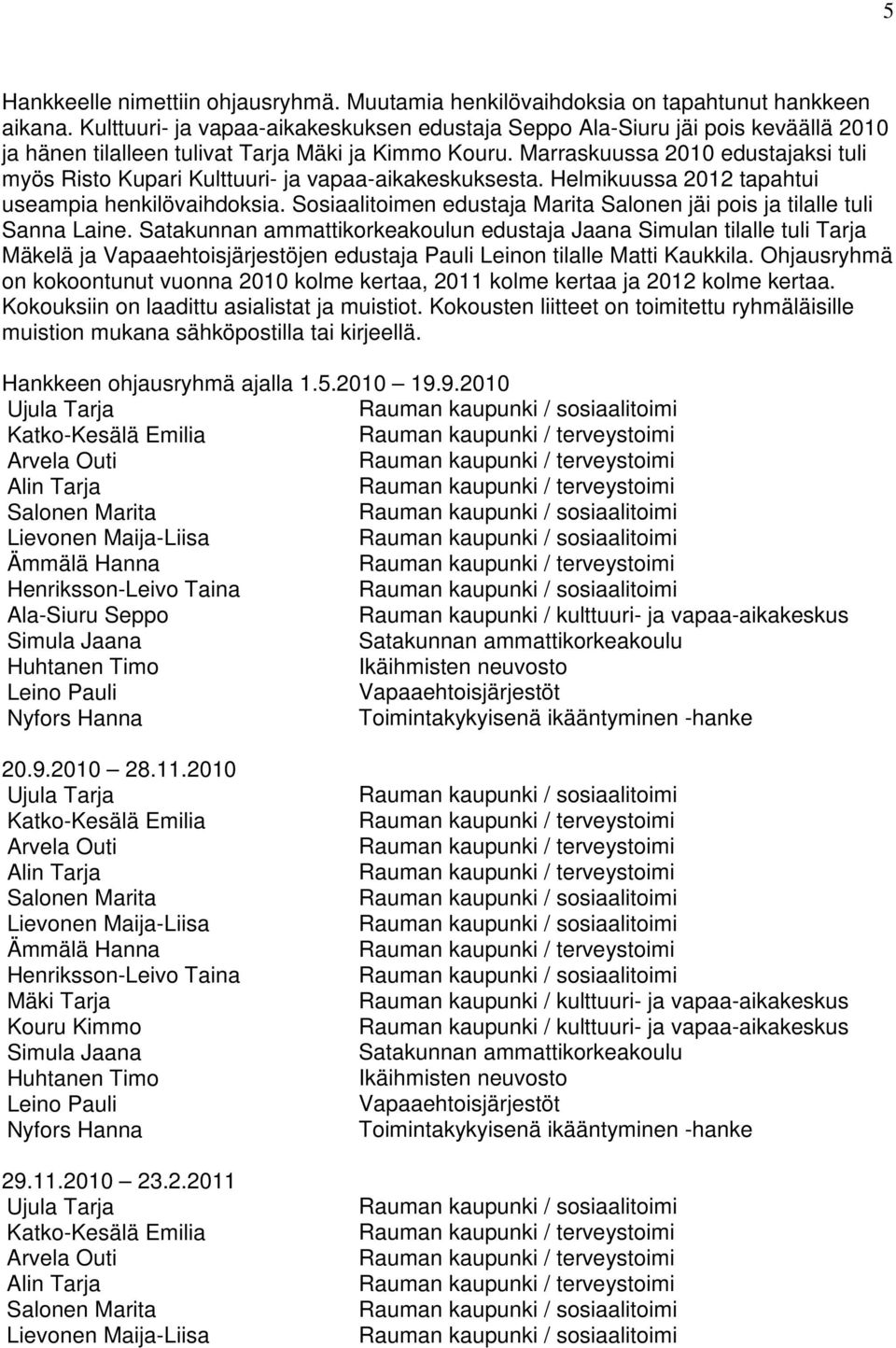 Marraskuussa 2010 edustajaksi tuli myös Risto Kupari Kulttuuri- ja vapaa-aikakeskuksesta. Helmikuussa 2012 tapahtui useampia henkilövaihdoksia.