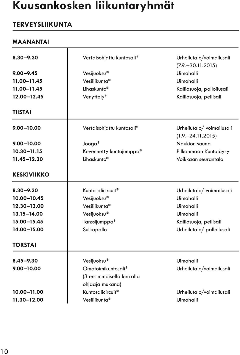 11.2015) 9.00 10.00 Jooga* Naukion sauna 10.30 11.15 Kevennetty kuntojumppa* Pilkanmaan Kuntotöyry 11.45 12.30 Lihaskunto* Voikkaan seurantalo KESKIVIIKKO 8.30 9.