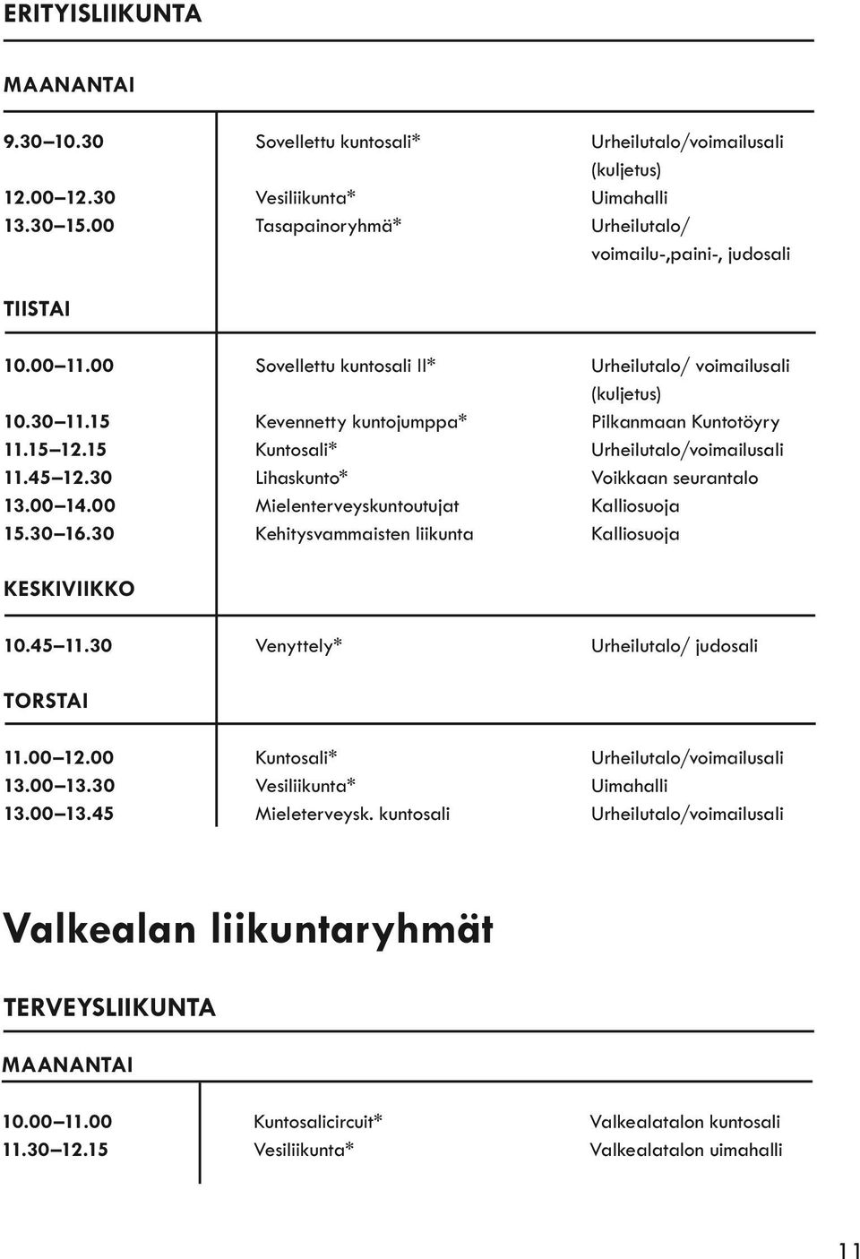 15 Kevennetty kuntojumppa* Pilkanmaan Kuntotöyry 11.15 12.15 Kuntosali* Urheilutalo/voimailusali 11.45 12.30 Lihaskunto* Voikkaan seurantalo 13.00 14.00 Mielenterveyskuntoutujat Kalliosuoja 15.30 16.