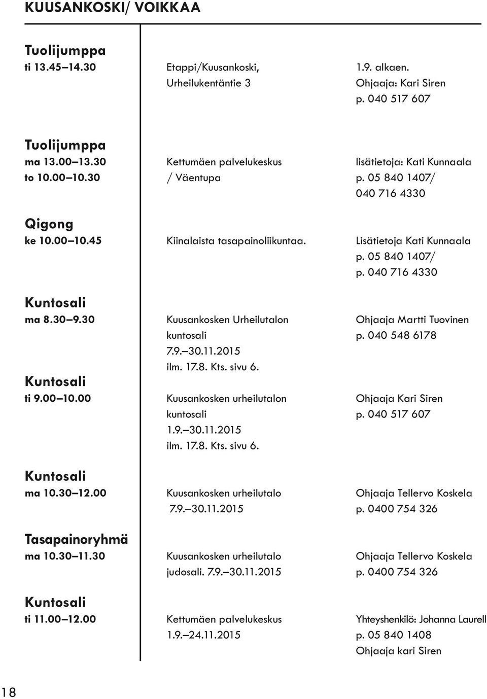 05 840 1407/ p. 040 716 4330 Kuntosali ma 8.30 9.30 Kuusankosken Urheilutalon Ohjaaja Martti Tuovinen kuntosali p. 040 548 6178 7.9. 30.11.2015 ilm. 17.8. Kts. sivu 6. Kuntosali ti 9.00 10.