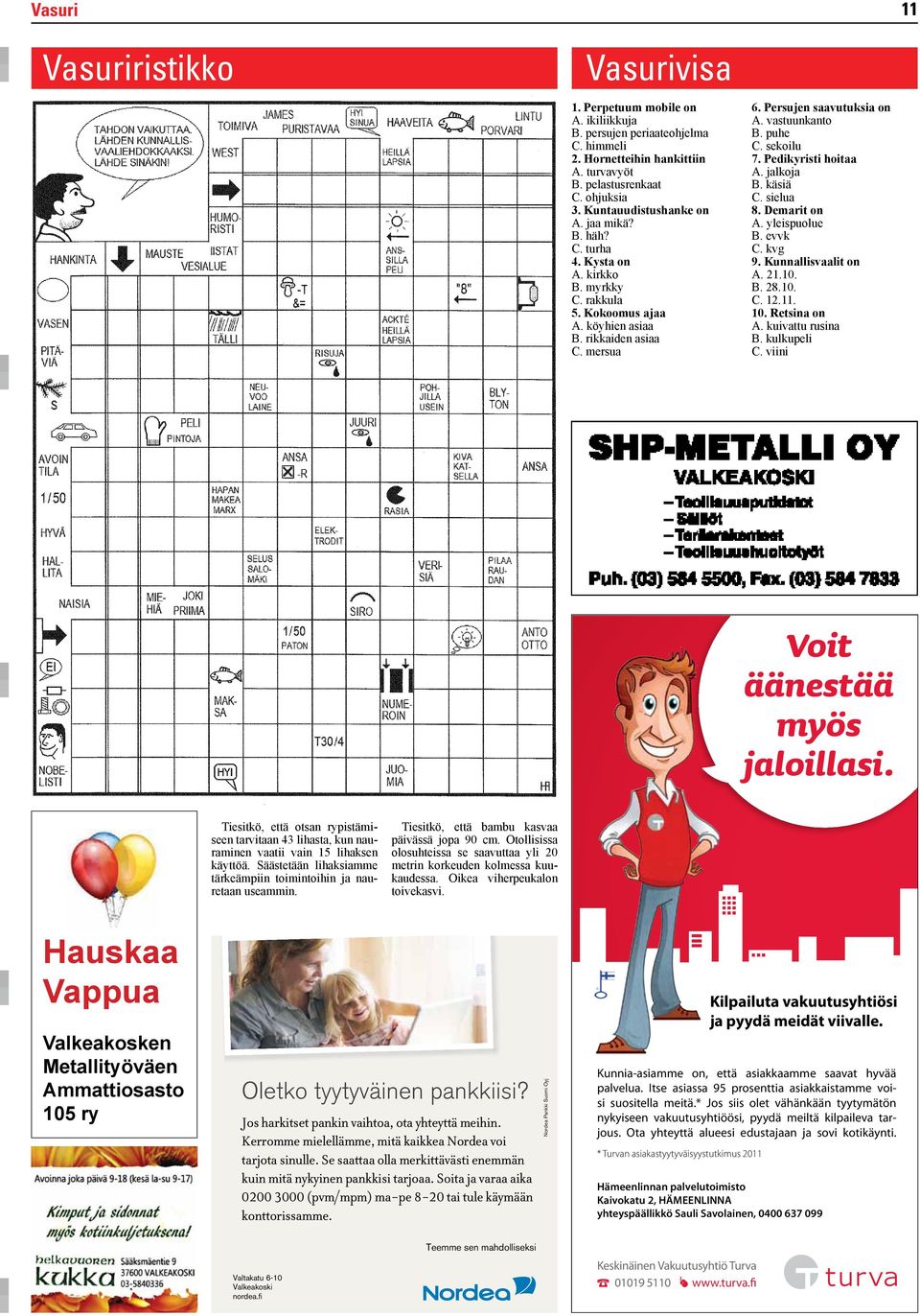 vastuunkanto B. puhe C. sekoilu 7. Pedikyristi hoitaa A. jalkoja B. käsiä C. sielua 8. Demarit on A. yleispuolue B. evvk C. kvg 9. Kunnallisvaalit on A. 21.10. B. 28.10. C. 12.11. 10. Retsina on A.