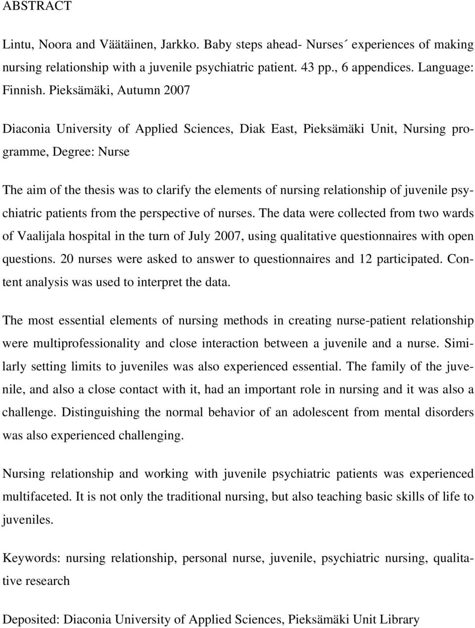 of juvenile psychiatric patients from the perspective of nurses.