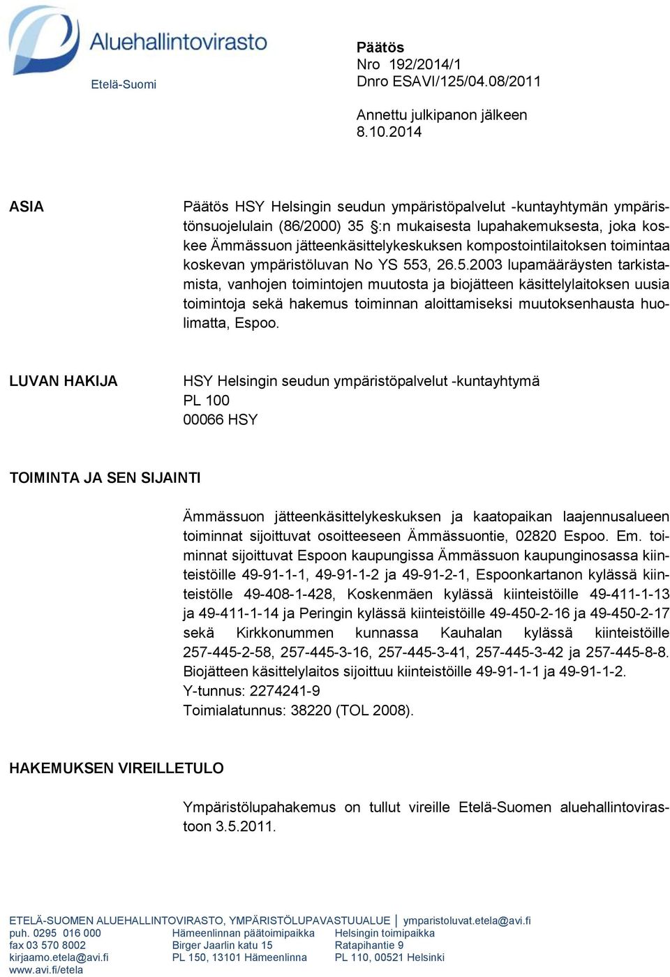 kompostointilaitoksen toimintaa koskevan ympäristöluvan No YS 55