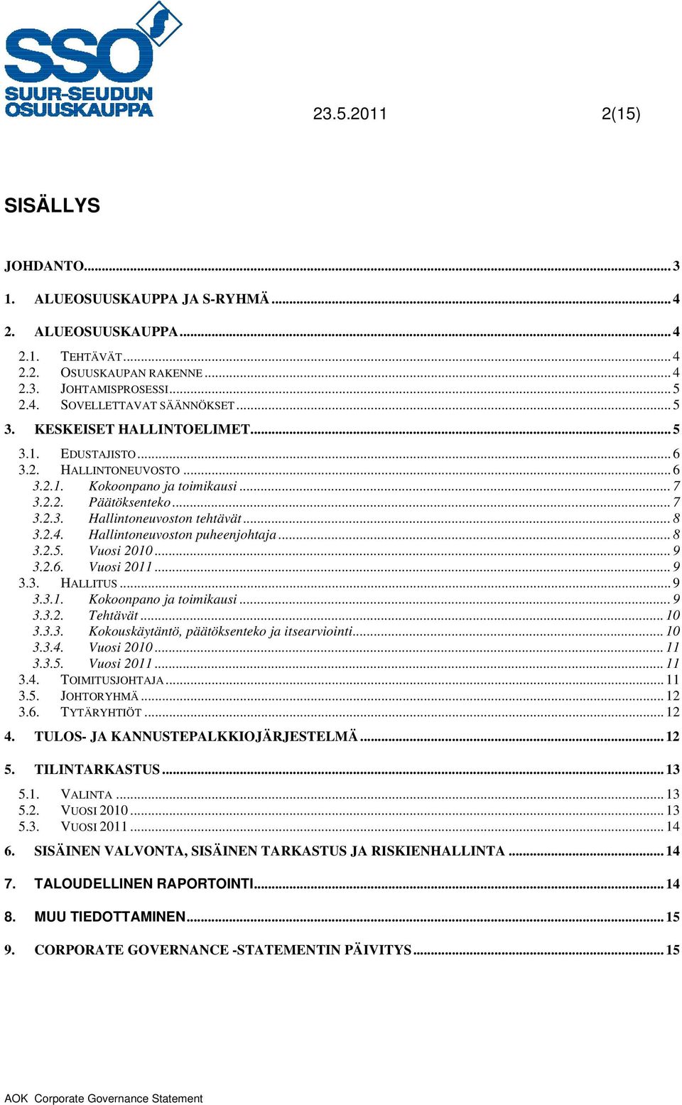 Hallintoneuvoston puheenjohtaja... 8 3.2.5. Vuosi 2010... 9 3.2.6. Vuosi 2011... 9 3.3. HALLITUS... 9 3.3.1. Kokoonpano ja toimikausi... 9 3.3.2. Tehtävät... 10 3.3.3. Kokouskäytäntö, päätöksenteko ja itsearviointi.