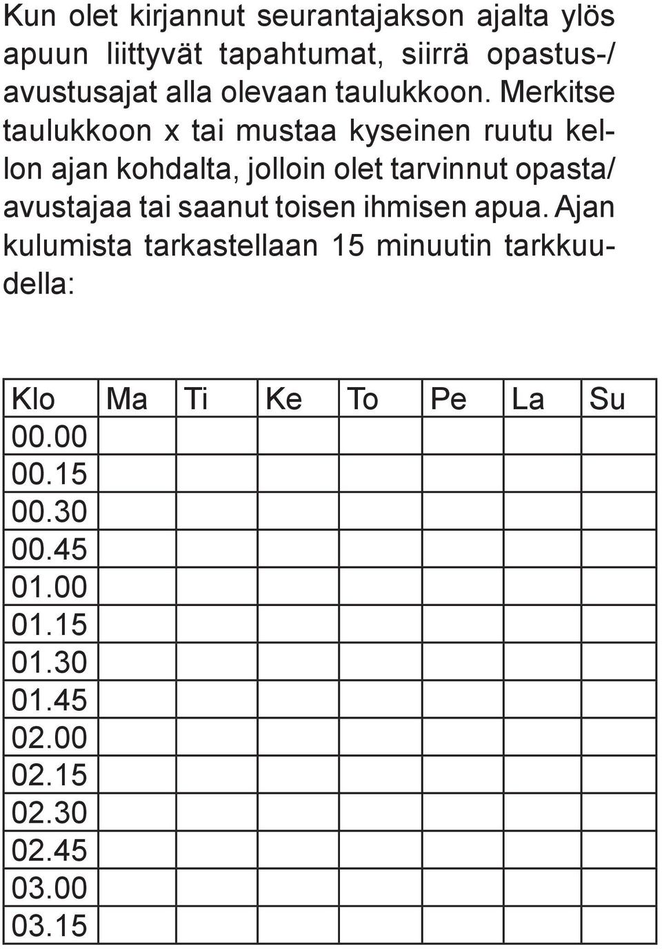 Merkitse taulukkoon x tai mustaa kyseinen ruutu kellon ajan kohdalta, jolloin olet tarvinnut opasta/