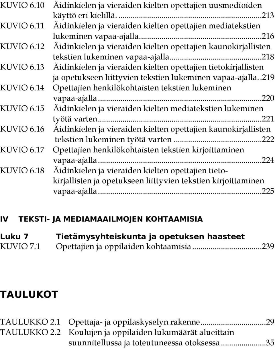 ..218 Äidinkielen ja vieraiden kielten opettajien tietokirjallisten ja opetukseen liittyvien tekstien lukeminen vapaa-ajalla..219 Opettajien henkilökohtaisten tekstien lukeminen vapaa-ajalla.