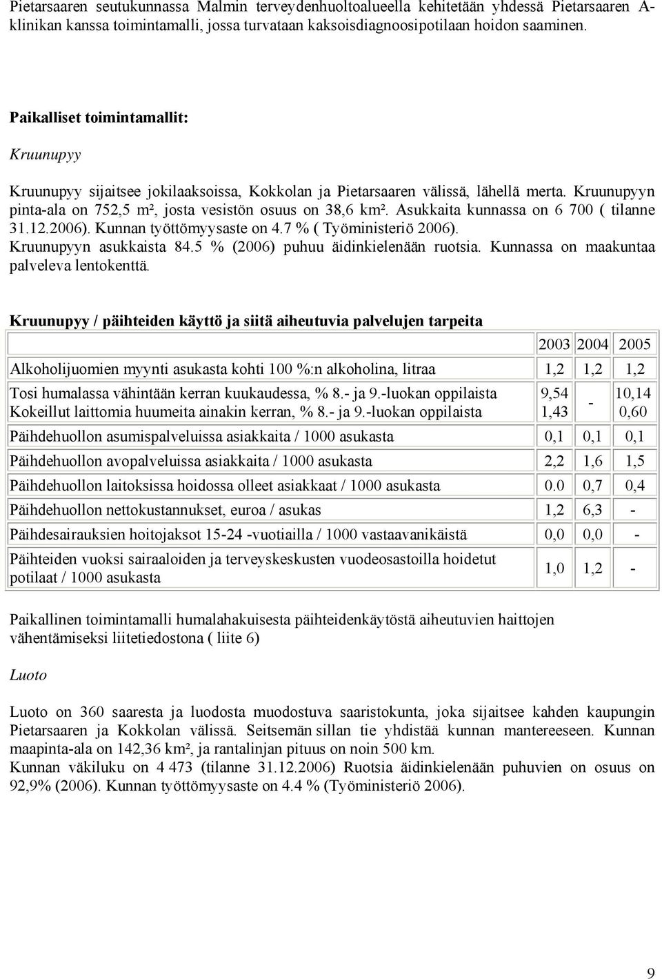 Asukkaita kunnassa on 6 700 ( tilanne 31.12.2006). Kunnan työttömyysaste on 4.7 % ( Työministeriö 2006). Kruunupyyn asukkaista 84.5 % (2006) puhuu äidinkielenään ruotsia.