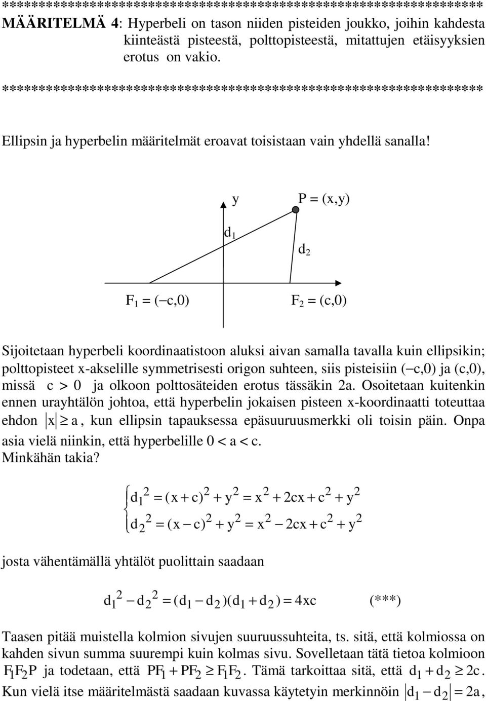 y P = (x,y) d 1 d F 1 = ( c,0) F = (c,0) Sijoitetn hypereli koordintistoon luksi ivn smll tvll kuin ellipsikin; polttopisteet x-kselille symmetrisesti origon suhteen, siis pisteisiin ( c,0) j (c,0),