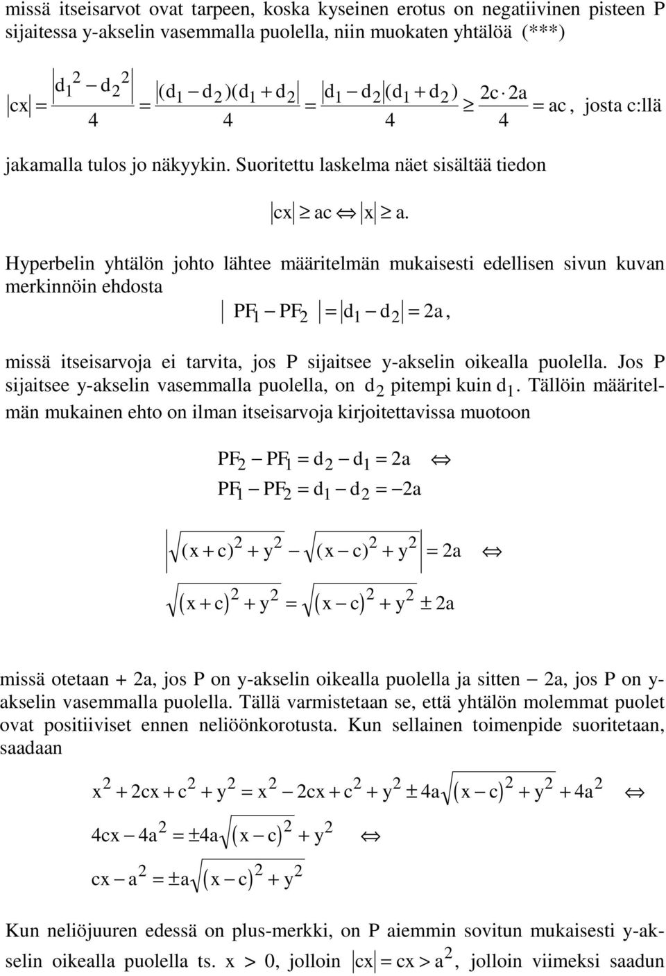 Hyperelin yhtälön johto lähtee määritelmän mukisesti edellisen sivun kuvn merkinnöin ehdost PF1 PF = d1 d =, missä itseisrvoj ei trvit, jos P sijitsee y-kselin oikell puolell.