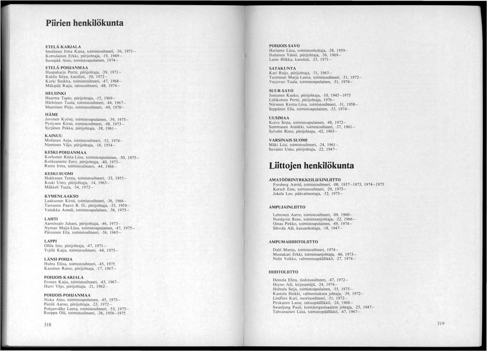 piirijohtaja, -39, 1971 - Kahila Sirpa, kanslisti, -50, 1972- Kurki Sinikka, toimistosihteeri, -47, 1968- Mäkipää Raija, taloussihteeri, -48, 1974- HELSINKI Haarma Tapio, piirijohtaja, -15, 1969-