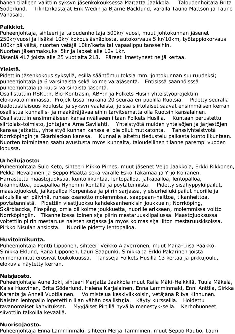 vetäjä 10kr/kerta tai vapaalippu tansseihin. Nuorten jäsenmaksuksi 5kr ja lapset alle 12v 1kr. Jäseniä 417 joista alle 25 vuotiaita 218. Päreet ilmestyneet neljä kertaa. Yleistä.