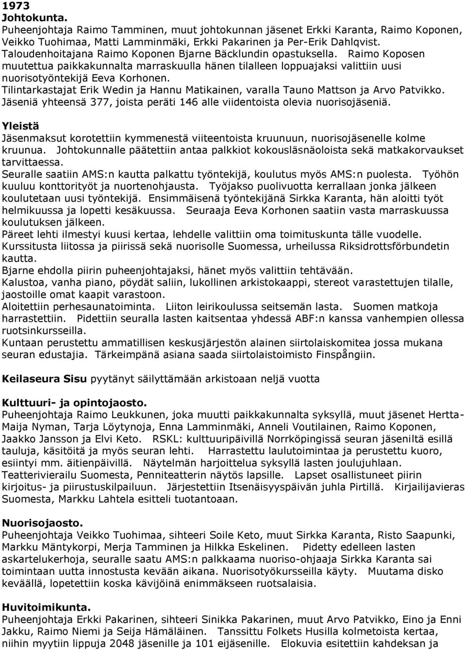 Tilintarkastajat Erik Wedin ja Hannu Matikainen, varalla Tauno Mattson ja Arvo Patvikko. Jäseniä yhteensä 377, joista peräti 146 alle viidentoista olevia nuorisojäseniä.