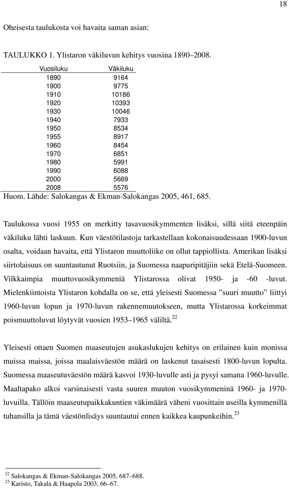 Lähde: Salokangas & Ekman-Salokangas 2005, 461, 685. Taulukossa vuosi 1955 on merkitty tasavuosikymmenten lisäksi, sillä siitä eteenpäin väkiluku lähti laskuun.