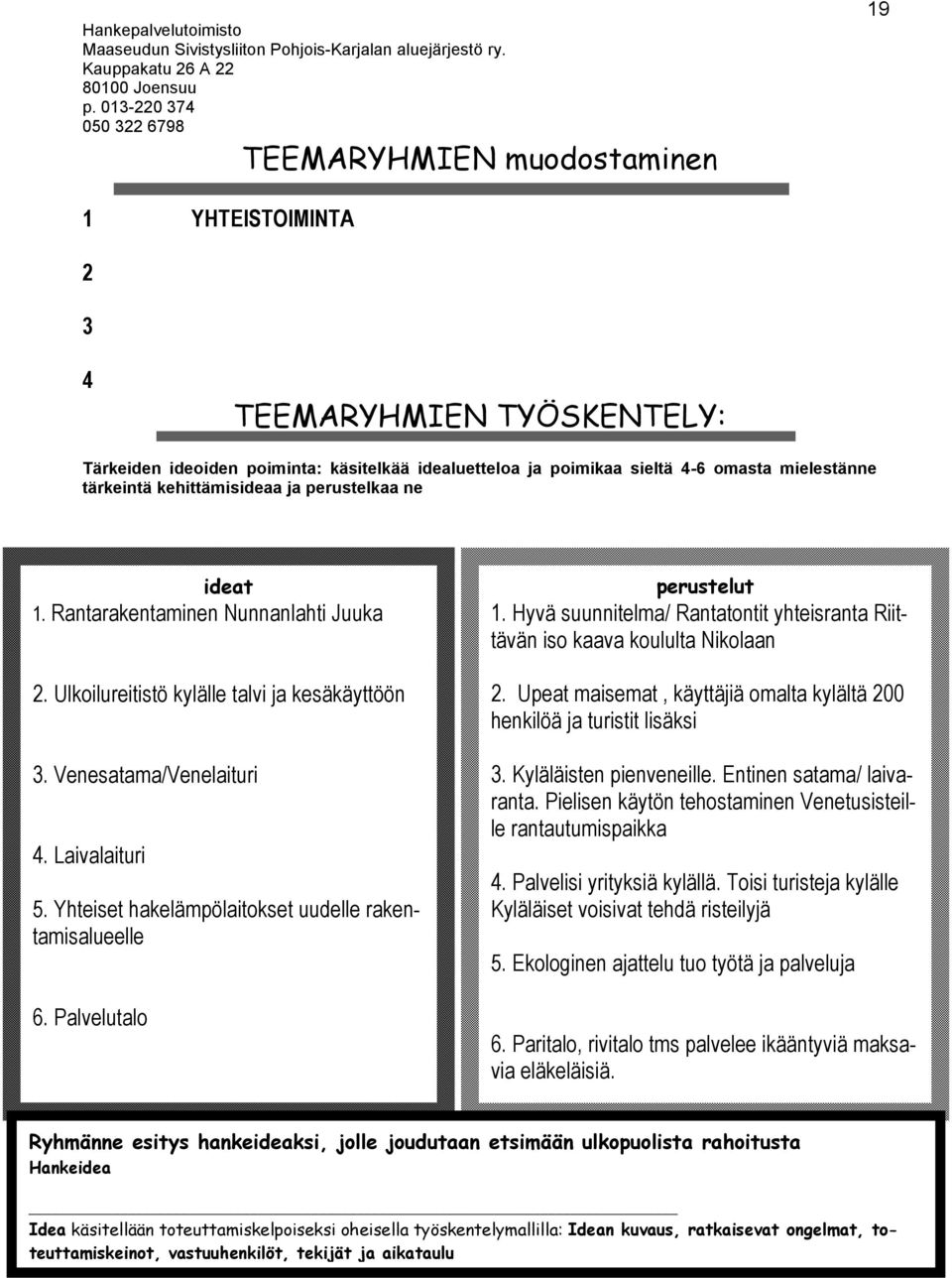 tärkeintä kehittämisideaa ja perustelkaa ne ideat 1. Rantarakentaminen Nunnanlahti Juuka 2. Ulkoilureitistö kylälle talvi ja kesäkäyttöön 3. Venesatama/Venelaituri 4. Laivalaituri 5.