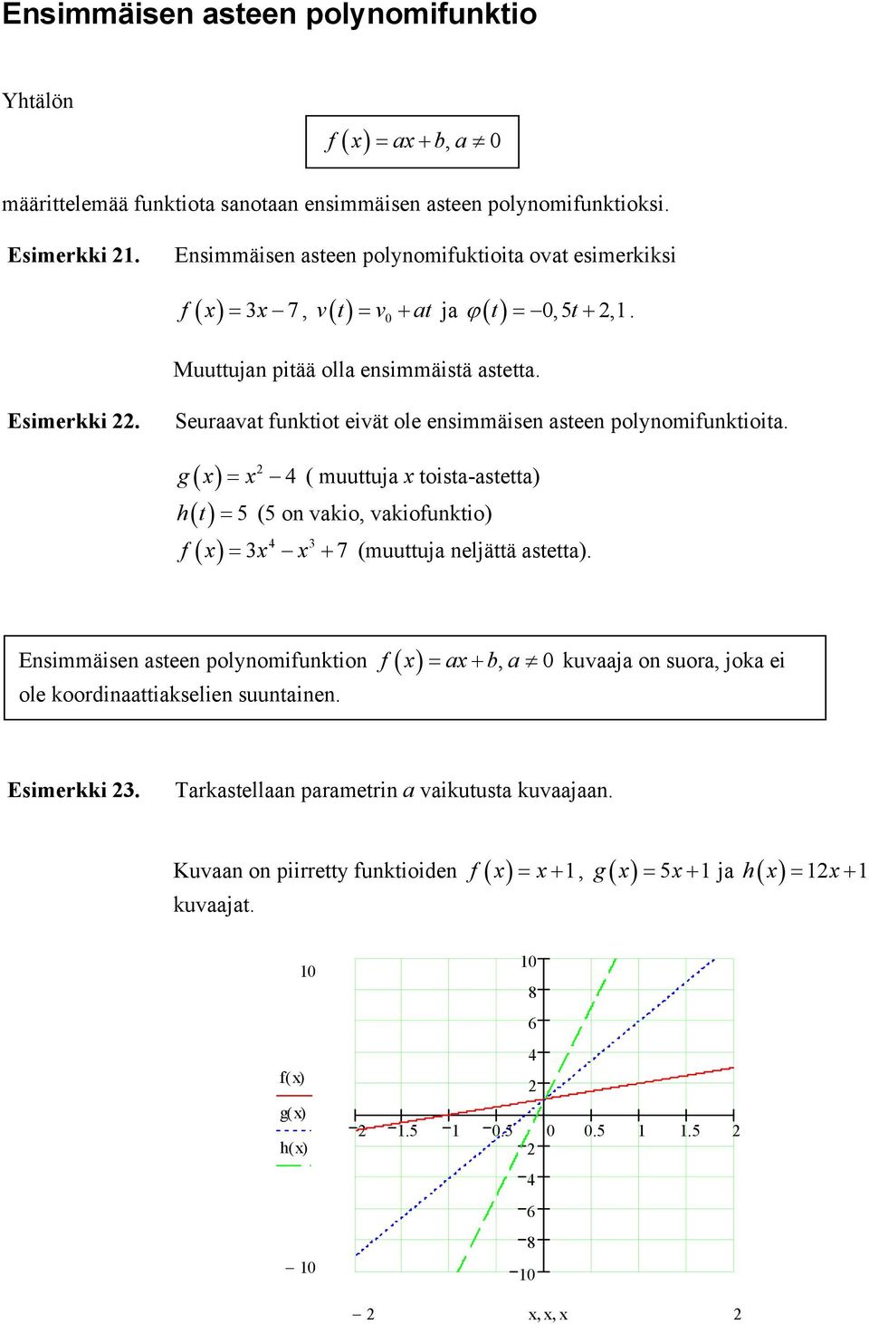 Seuraavat funktiot eivät ole ensimmäisen asteen polnomifunktioita. g = ( muuttuja toista-astetta) ht () = 5 (5 on vakio, vakiofunktio) 3 f = 3 + 7 (muuttuja neljättä astetta).