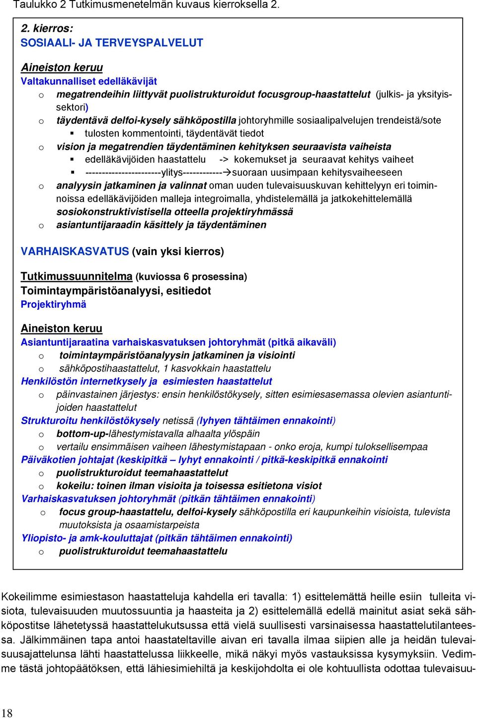 2. kierros: SOSIAALI- JA TERVEYSPALVELUT Aineiston keruu Valtakunnalliset edelläkävijät o megatrendeihin liittyvät puolistrukturoidut focusgroup-haastattelut (julkis- ja yksityissektori) o täydentävä