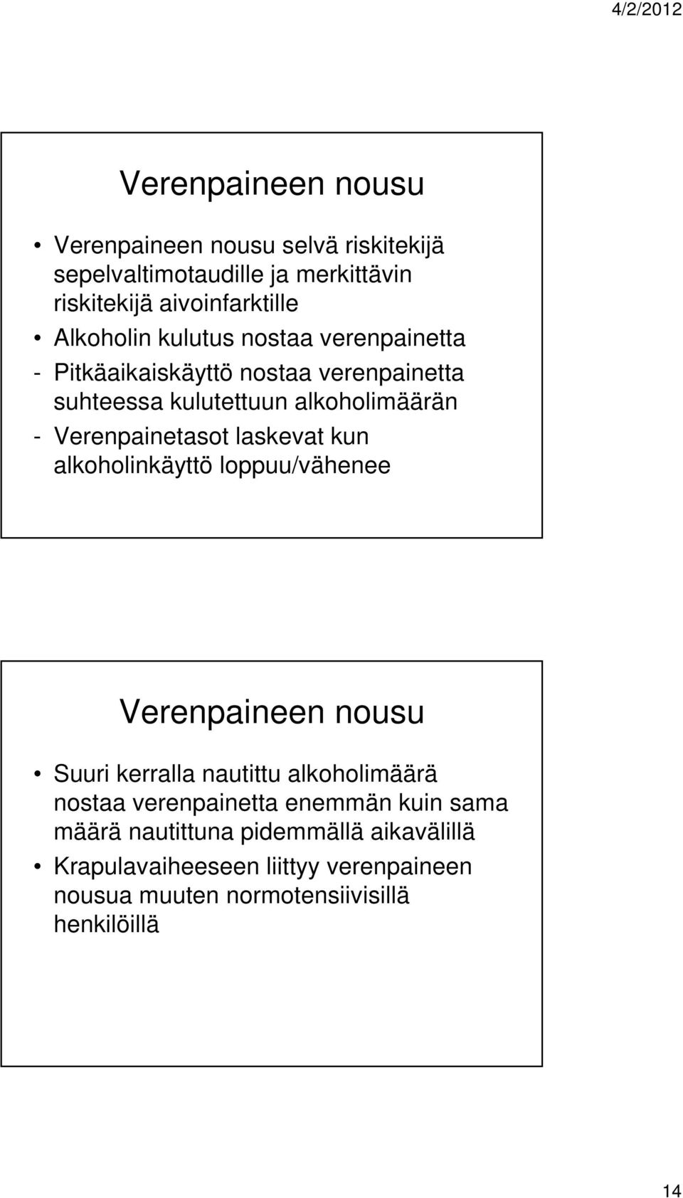 laskevat kun alkoholinkäyttö loppuu/vähenee Verenpaineen nousu Suuri kerralla nautittu alkoholimäärä nostaa verenpainetta enemmän