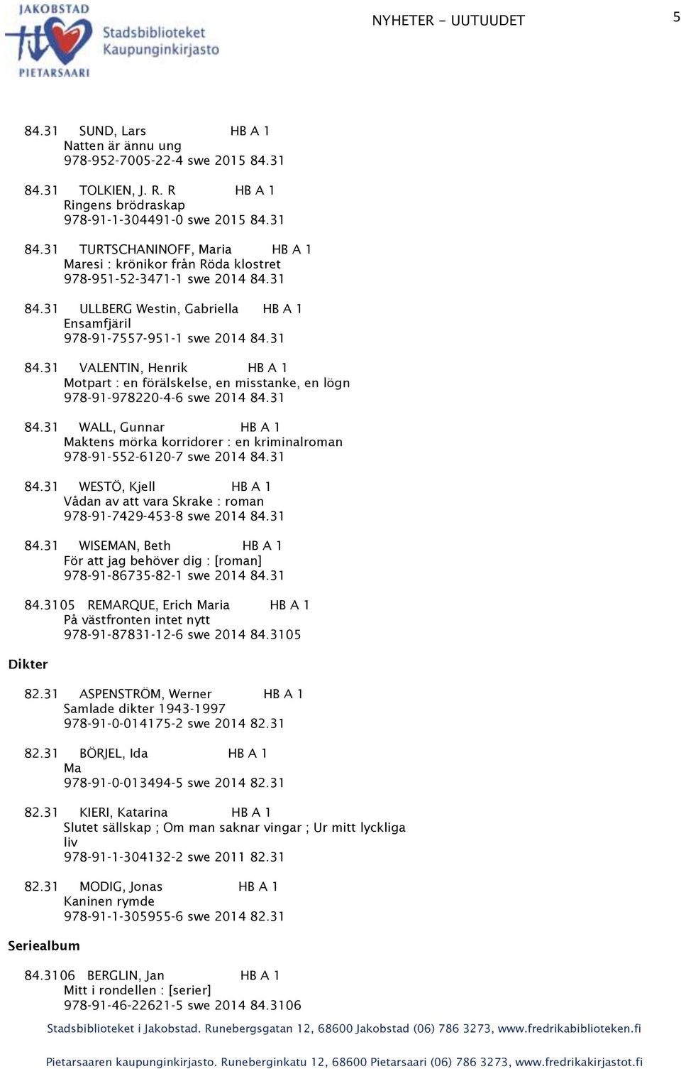 31 84.31 WALL, Gunnar HB A 1 Maktens mörka korridorer : en kriminalroman 978-91-552-6120-7 swe 2014 84.31 84.31 WESTÖ, Kjell HB A 1 Vådan av att vara Skrake : roman 978-91-7429-453-8 swe 2014 84.