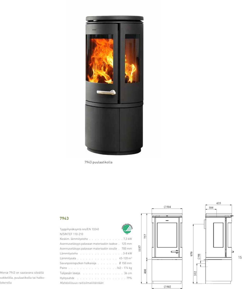 125 mm Asennusetäisyys palavaan materiaaliin sivulle. 700 mm Lämmitysteho............... 3-8 kw Lämmitysala.