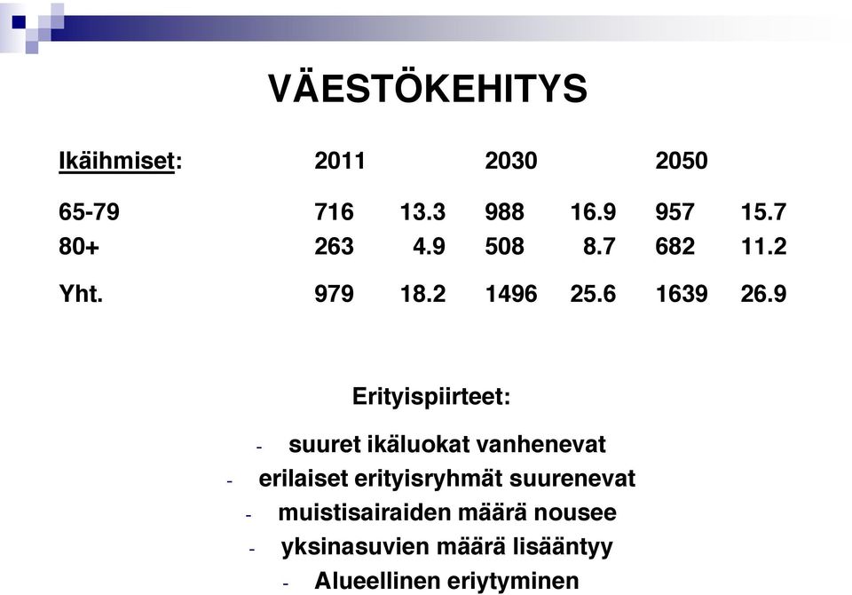 9 Erityispiirteet: - suuret ikäluokat vanhenevat - erilaiset erityisryhmät