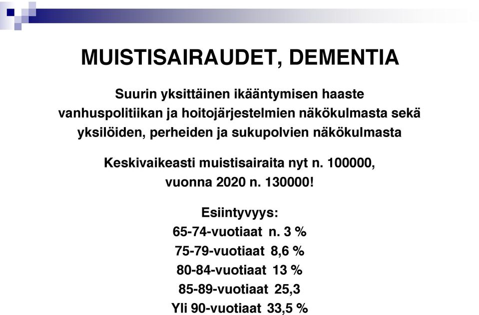 Keskivaikeasti muistisairaita nyt n. 100000, vuonna 2020 n. 130000!