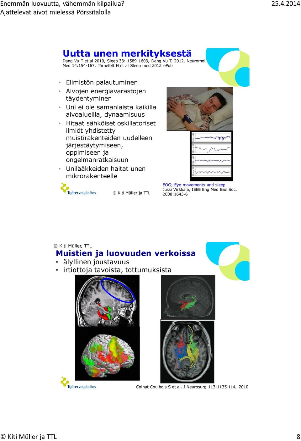 uudelleen järjestäytymiseen, oppimiseen ja ongelmanratkaisuun Unilääkkeiden haitat unen mikrorakenteelle EOG; Eye movements and sleep Jussi Virkkala, IEEE Eng Med Biol