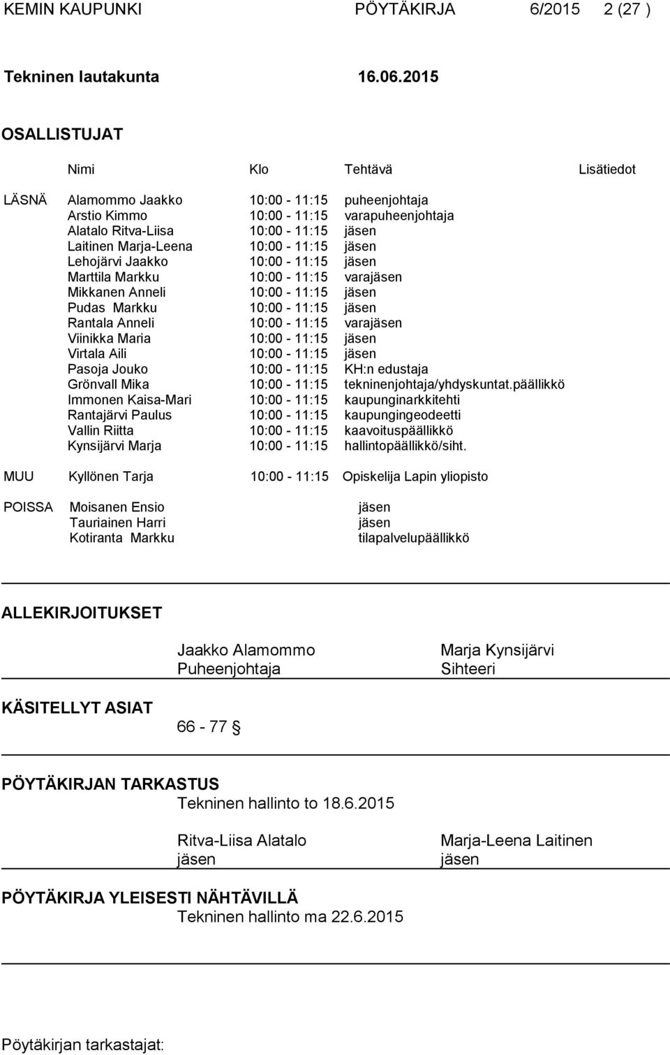 10:00-11:15 jäsen Lehojärvi Jaakko 10:00-11:15 jäsen Marttila Markku 10:00-11:15 varajäsen Mikkanen Anneli 10:00-11:15 jäsen Pudas Markku 10:00-11:15 jäsen Rantala Anneli 10:00-11:15 varajäsen