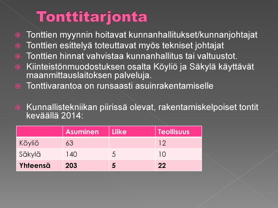 Kiinteistönmuodostuksen osalta Köyliö ja Säkylä käyttävät maanmittauslaitoksen palveluja.