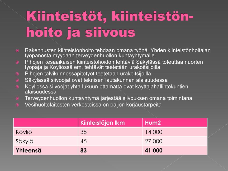 tehtävät teetetään urakoitsijoilla Pihojen talvikunnossapitotyöt teetetään urakoitsijoilla Säkylässä siivoojat ovat teknisen lautakunnan alaisuudessa Köyliössä