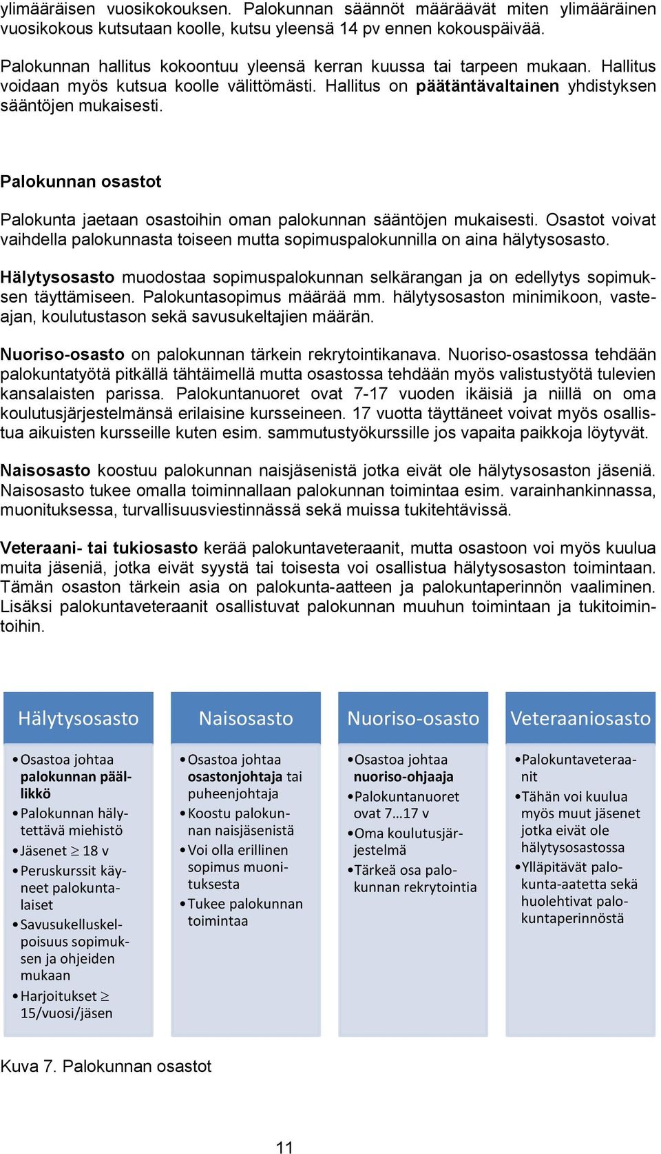 Palokunnan osastot Palokunta jaetaan osastoihin oman palokunnan sääntöjen mukaisesti. Osastot voivat vaihdella palokunnasta toiseen mutta sopimuspalokunnilla on aina hälytysosasto.