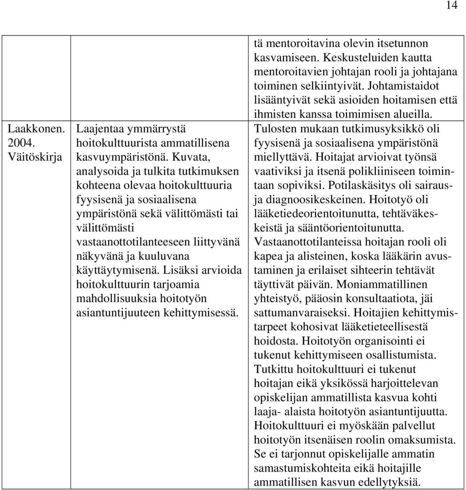 kuuluvana käyttäytymisenä. Lisäksi arvioida hoitokulttuurin tarjoamia mahdollisuuksia hoitotyön asiantuntijuuteen kehittymisessä. tä mentoroitavina olevin itsetunnon kasvamiseen.