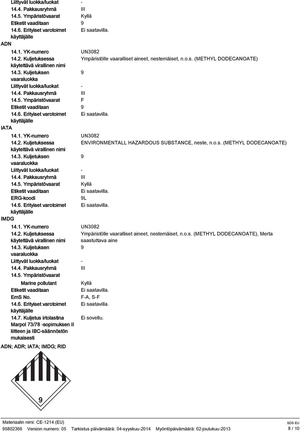 Kuljetuksessa käytettävä virallinen nimi 14.3. Kuljetuksen vaaraluokka Liittyvät luokka/luokat 14.4. Pakkausryhmä 14.5. Ympäristövaarat Etiketit vaaditaan ERGkoodi 14.6.