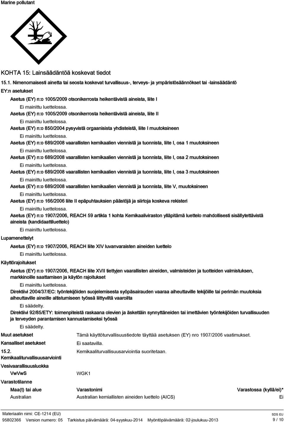 .1. Nimenomaisesti ainetta tai seosta koskevat turvallisuus, terveys ja ympäristösäännökset tai lainsäädäntö EY:n asetukset Asetus (EY) n:o 1005/200 otsonikerrosta heikentävistä aineista, liite I