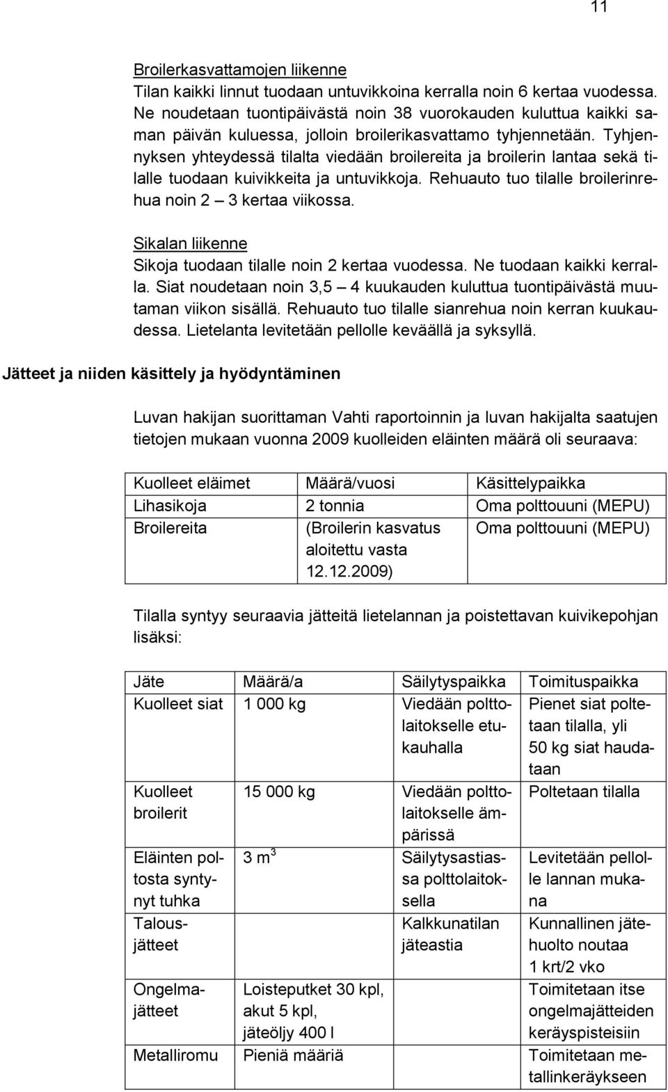 Tyhjennyksen yhteydessä tilalta viedään broilereita ja broilerin lantaa sekä tilalle tuodaan kuivikkeita ja untuvikkoja. Rehuauto tuo tilalle broilerinrehua noin 2 3 kertaa viikossa.