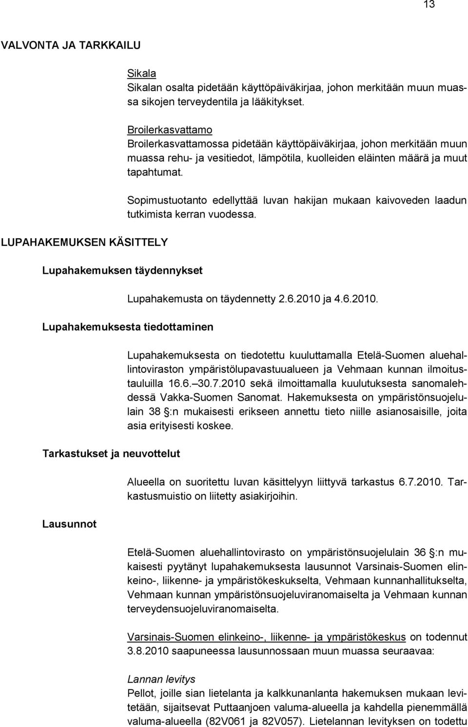 Sopimustuotanto edellyttää luvan hakijan mukaan kaivoveden laadun tutkimista kerran vuodessa. Lupahakemusta on täydennetty 2.6.2010 