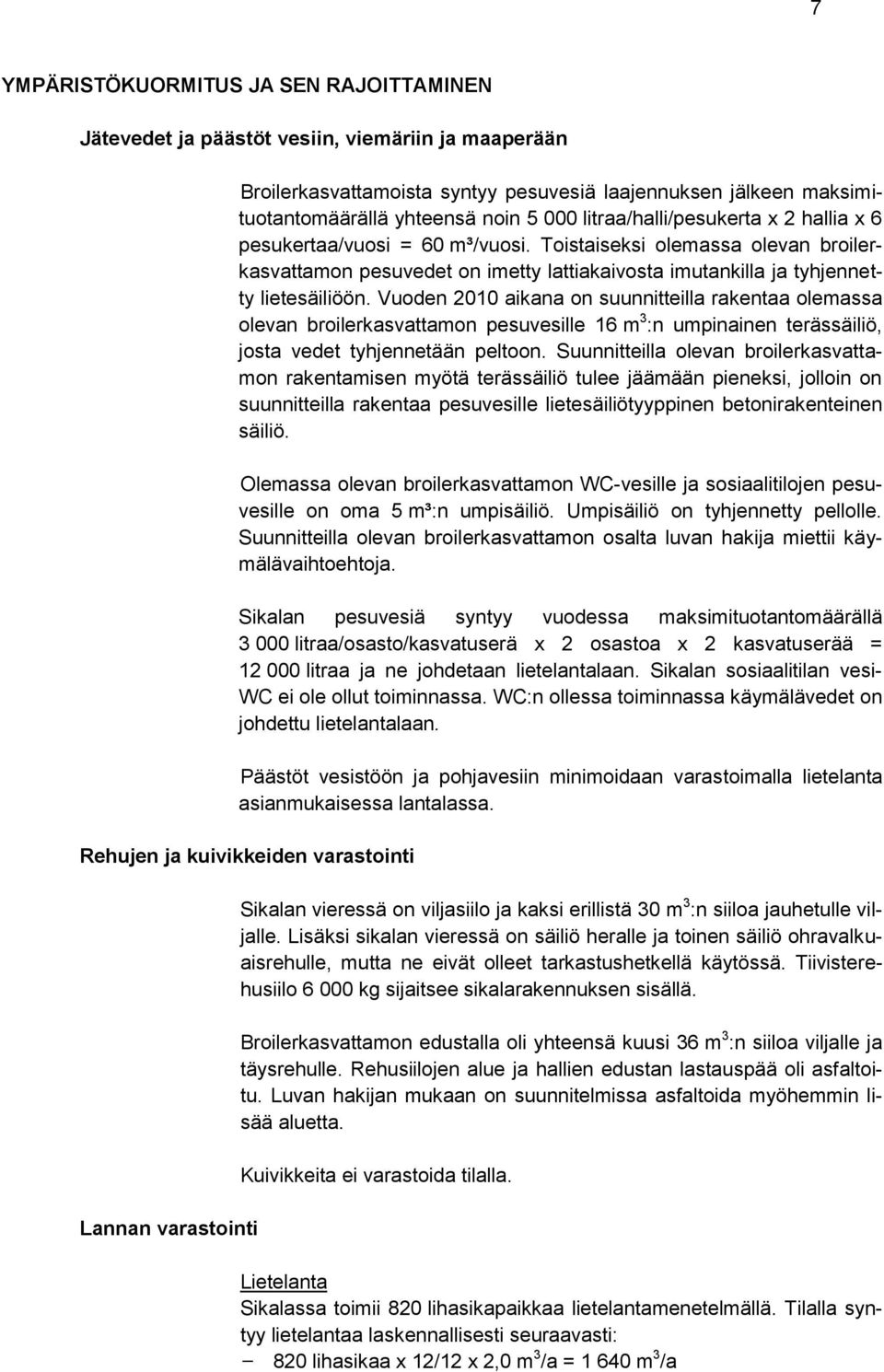 Vuoden 2010 aikana on suunnitteilla rakentaa olemassa olevan broilerkasvattamon pesuvesille 16 m 3 :n umpinainen terässäiliö, josta vedet tyhjennetään peltoon.