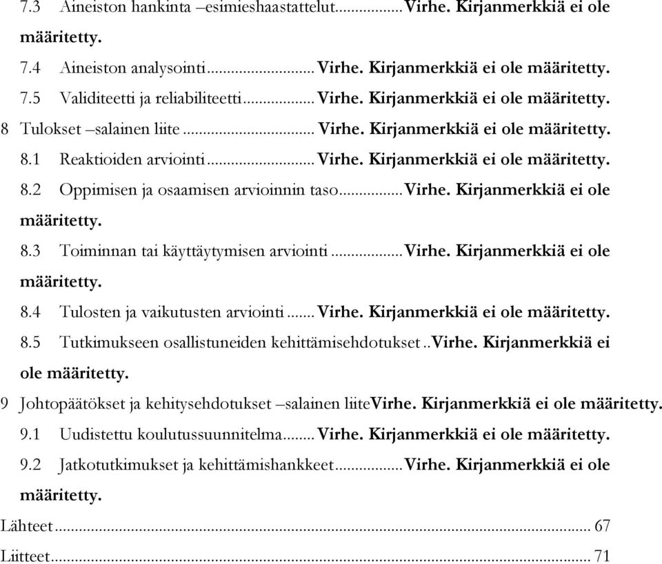 .. Virhe. Kirjanmerkkiä ei ole määritetty. 8.4 Tulosten ja vaikutusten arviointi... Virhe. Kirjanmerkkiä ei ole määritetty. 8.5 Tutkimukseen osallistuneiden kehittämisehdotukset.. Virhe. Kirjanmerkkiä ei ole määritetty. 9 Johtopäätökset ja kehitysehdotukset salainen liitevirhe.