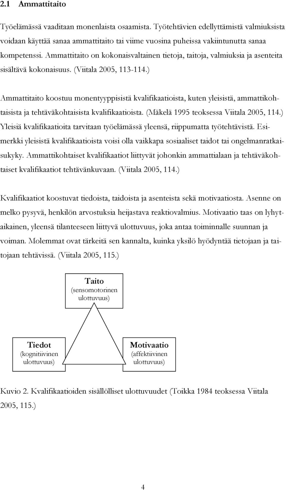 ) Ammattitaito koostuu monentyyppisistä kvalifikaatioista, kuten yleisistä, ammattikohtaisista ja tehtäväkohtaisista kvalifikaatioista. (Mäkelä 1995 teoksessa Viitala 2005, 114.