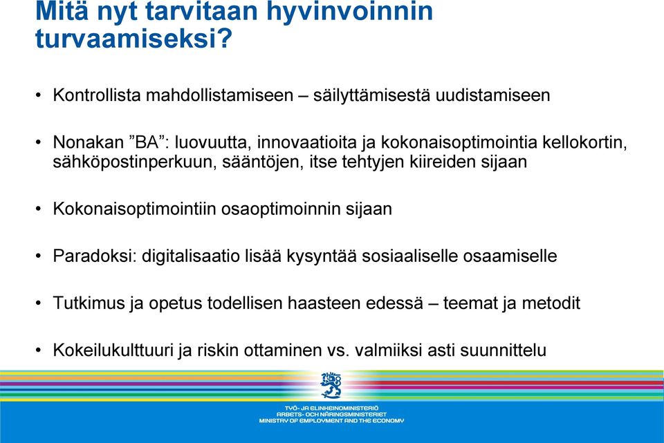 kellokortin, sähköpostinperkuun, sääntöjen, itse tehtyjen kiireiden sijaan Kokonaisoptimointiin osaoptimoinnin sijaan