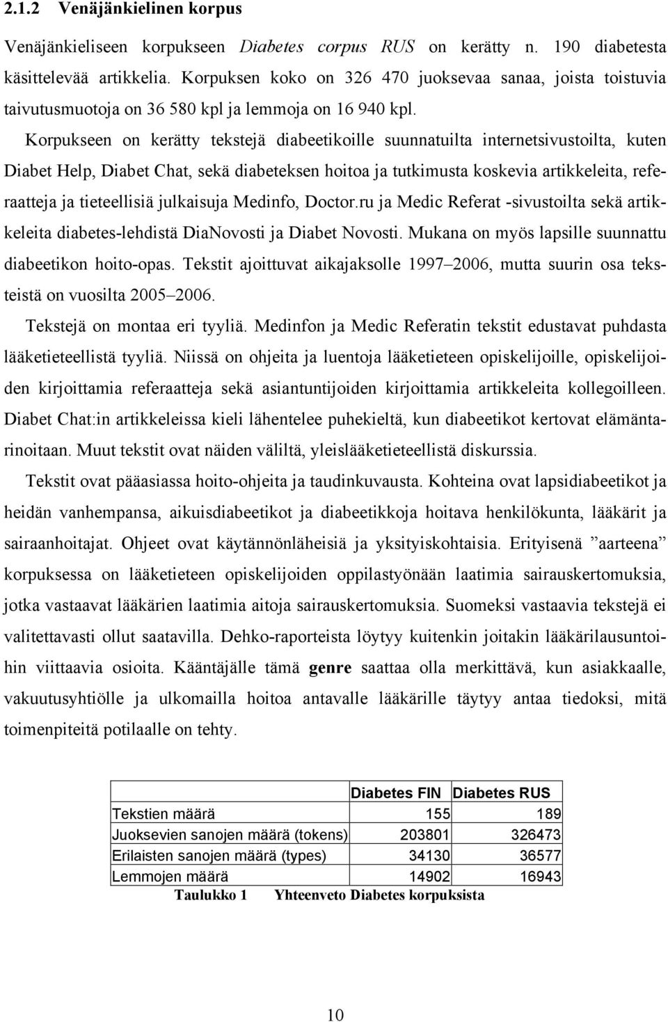 Korpukseen on kerätty tekstejä diabeetikoille suunnatuilta internetsivustoilta, kuten Diabet Help, Diabet Chat, sekä diabeteksen hoitoa ja tutkimusta koskevia artikkeleita, referaatteja ja