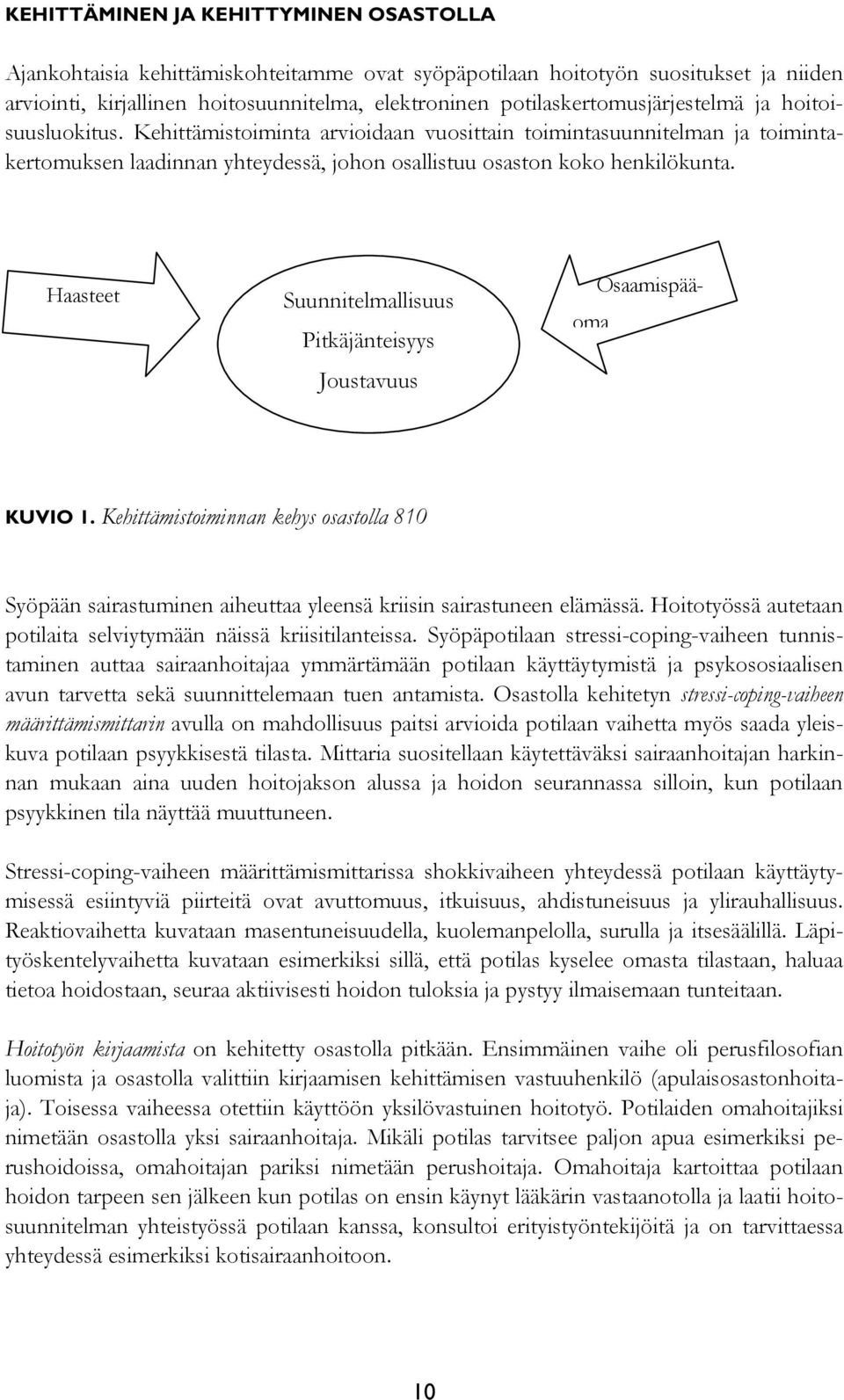 Haasteet Suunnitelmallisuus Pitkäjänteisyys Joustavuus Osaamispääoma KUVIO 1. Kehittämistoiminnan kehys osastolla 810 Syöpään sairastuminen aiheuttaa yleensä kriisin sairastuneen elämässä.