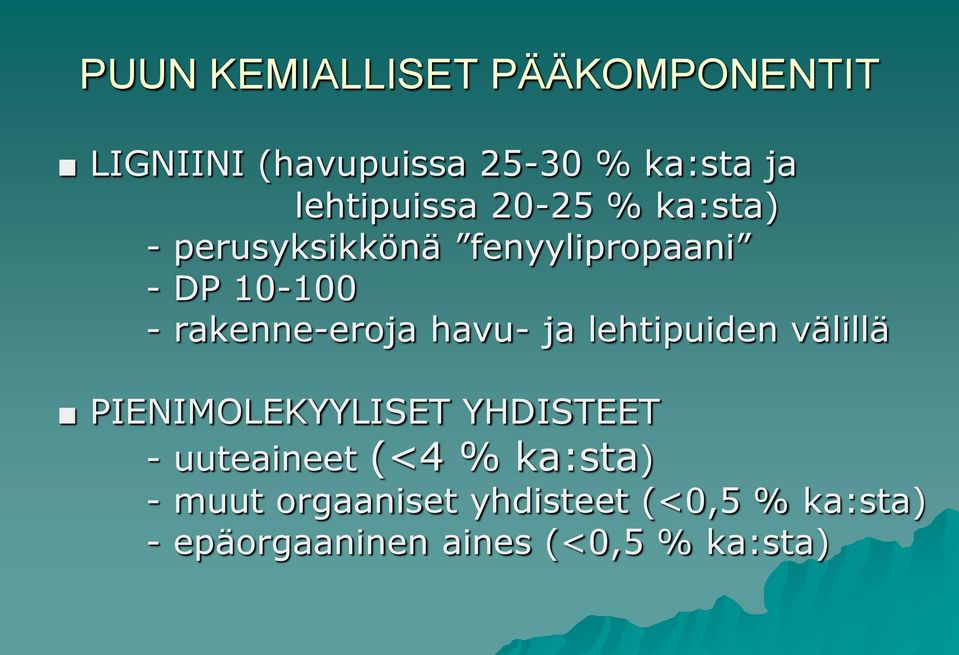 havu- ja lehtipuiden välillä PIENIMLEKYYLISET YHDISTEET - uuteaineet (<4 %