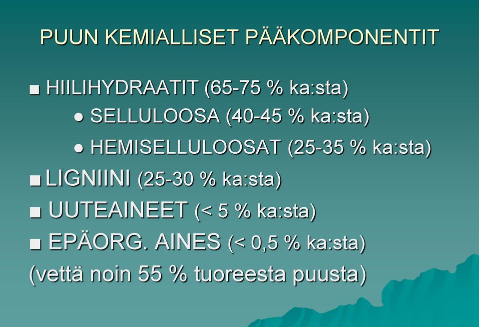 ka:sta) LIGNIINI (25-30 % ka:sta) UUTEAINEET (< 5 %