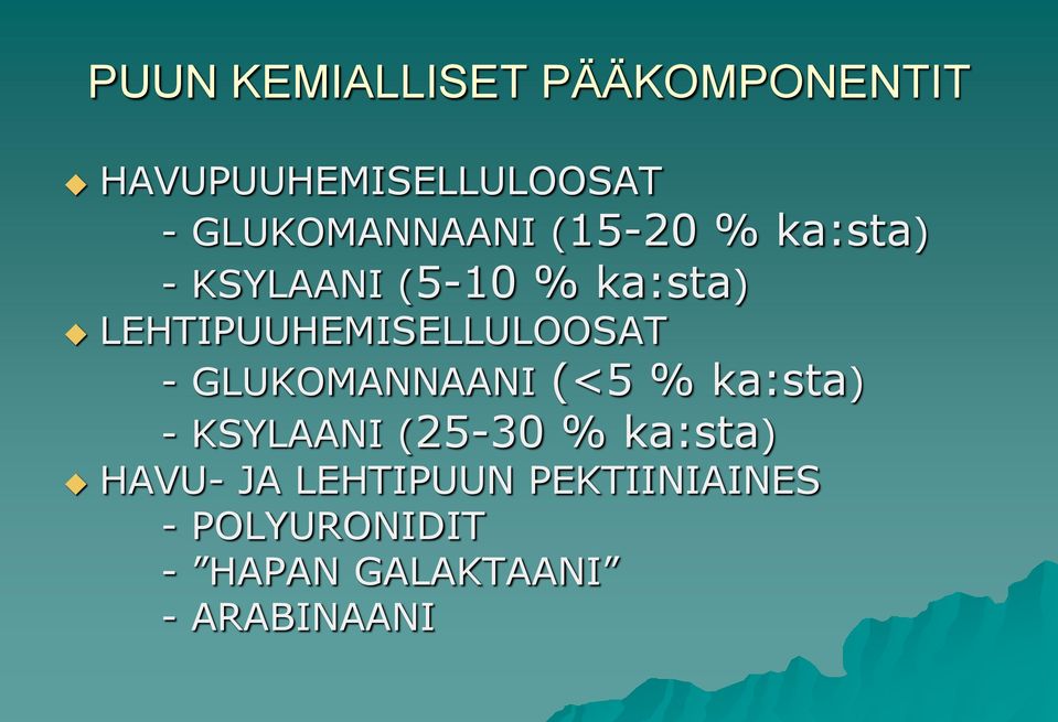 - GLUKMANNAANI (<5 % ka:sta) - KSYLAANI (25-30 % ka:sta) HAVU- JA