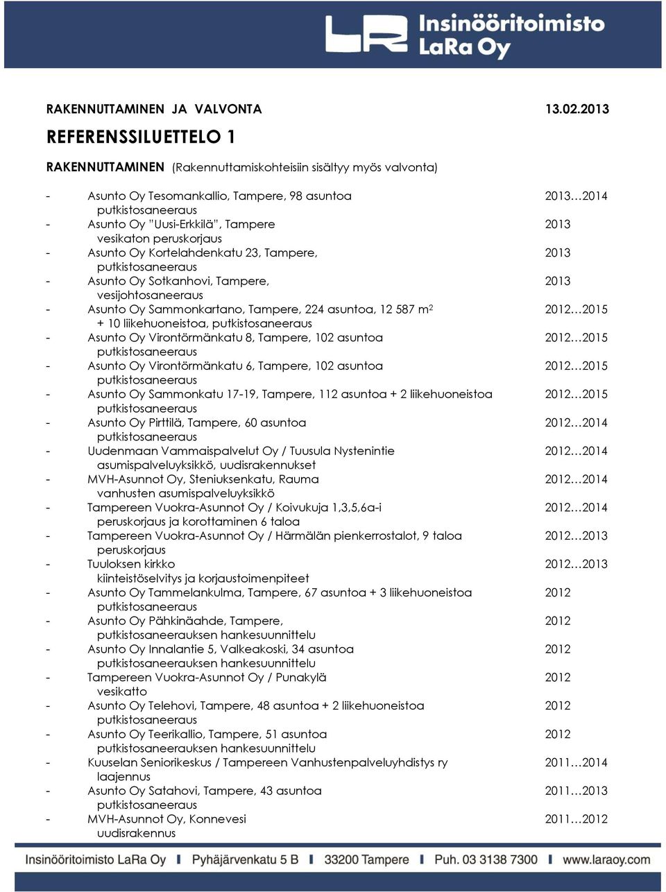 Asunto Oy Kortelahdenkatu 23, Tampere, 2013 - Asunto Oy Sotkanhovi, Tampere, 2013 vesijohtosaneeraus - Asunto Oy Sammonkartano, Tampere, 224 asuntoa, 12 587 m 2 2012 2015 + 10 liikehuoneistoa, -