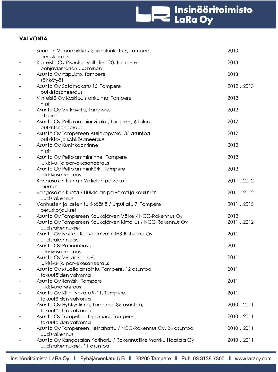 Oy Tampereen Aurinkopyörä, 30 asuntoa 2012 putkisto- ja sähkösaneeraus - Asunto Oy Kuninkaanrinne 2012 hissit - Asunto Oy Peltolamminrinne, Tampere 2012 julkisivu- ja parvekesaneeraus - Asunto Oy