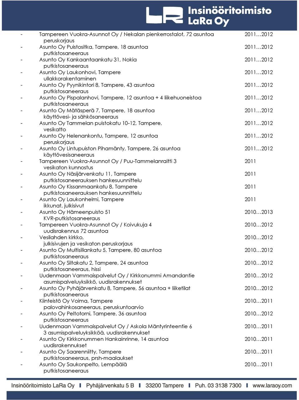 Mätäsperä 7, Tampere, 18 asuntoa 2011 2012 käyttövesi- ja sähkösaneeraus - Asunto Oy Tammelan puistokatu 10-12, Tampere, 2011 2012 vesikatto - Asunto Oy Helenankontu, Tampere, 12 asuntoa 2011 2012 -