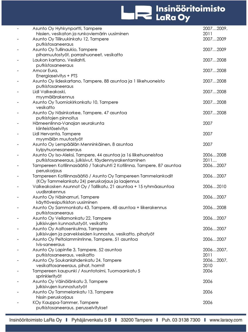 2008 - Lidl Valkeakoski, 2007 2008 - Asunto Oy Tuomiokirkonkatu 10, Tampere 2007 2008 vesikatto - Asunto Oy Näsinkorkee, Tampere, 47 asuntoa 2007 2008 putkistojen pinnoitus - Hämeenlinna-Vanajan