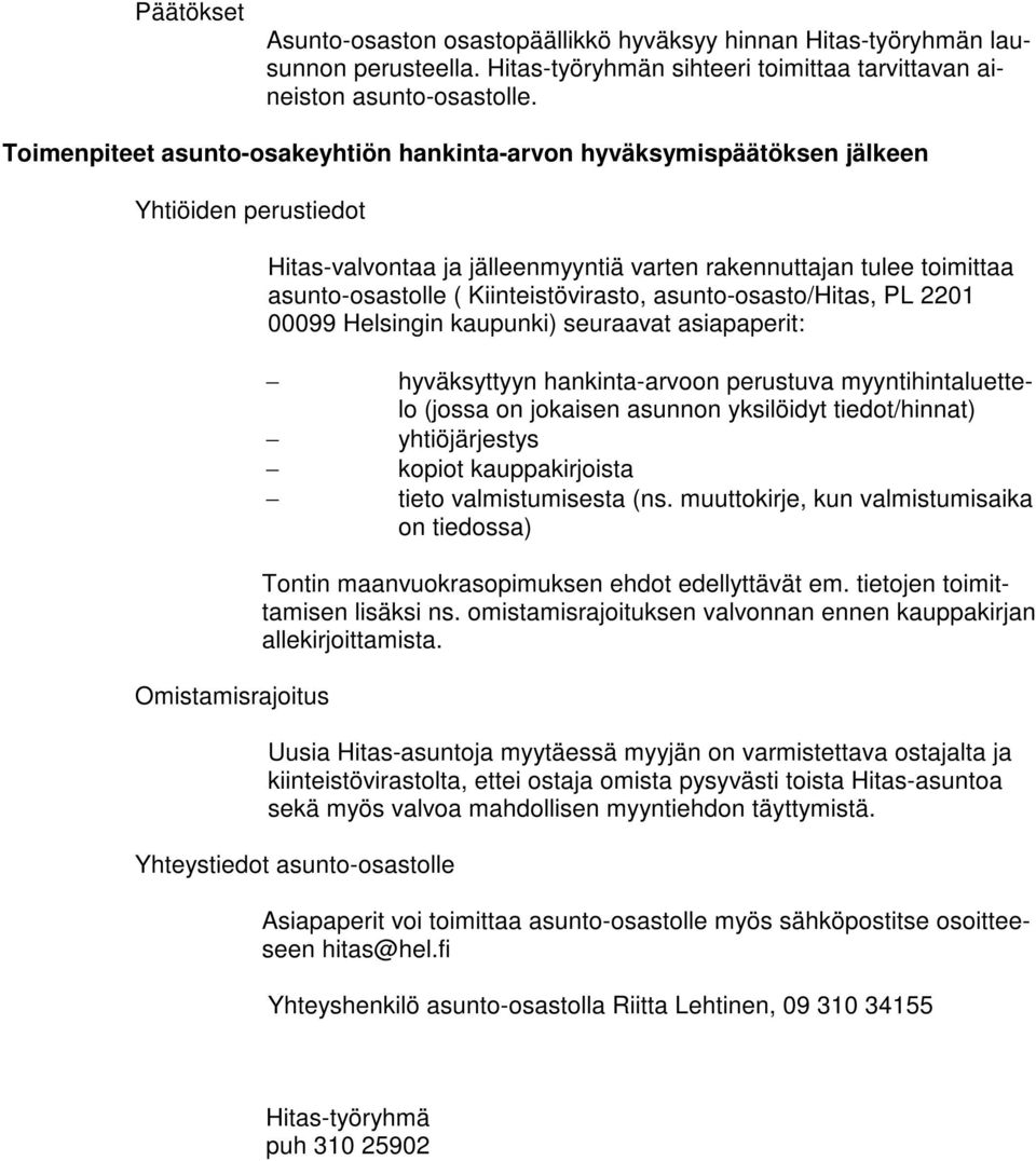 Kiinteistövirasto, asunto-osasto/hitas, PL 2201 00099 Helsingin kaupunki) seuraavat asiapaperit: hyväksyttyyn hankinta-arvoon perustuva myyntihintaluettelo (jossa on jokaisen asunnon yksilöidyt